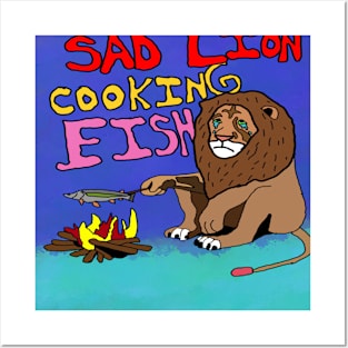 drawing sad lion cooking fish Posters and Art